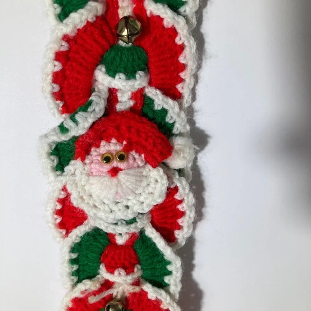 Vintage 60s Handmade Crocheted Santa Bell Wall Hanger Red‎ Green Tassle 4 x 31